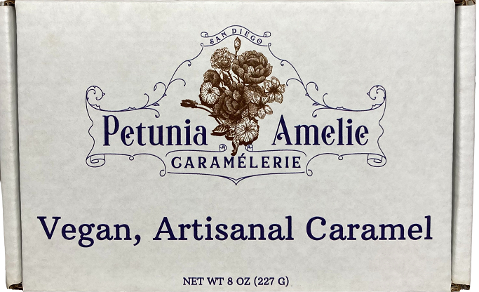 8 oz white kraft box with Petunia Amelie logo