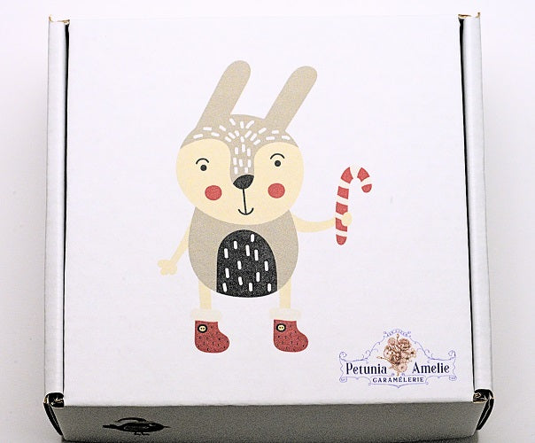 whimsical animal design on white kraft square box